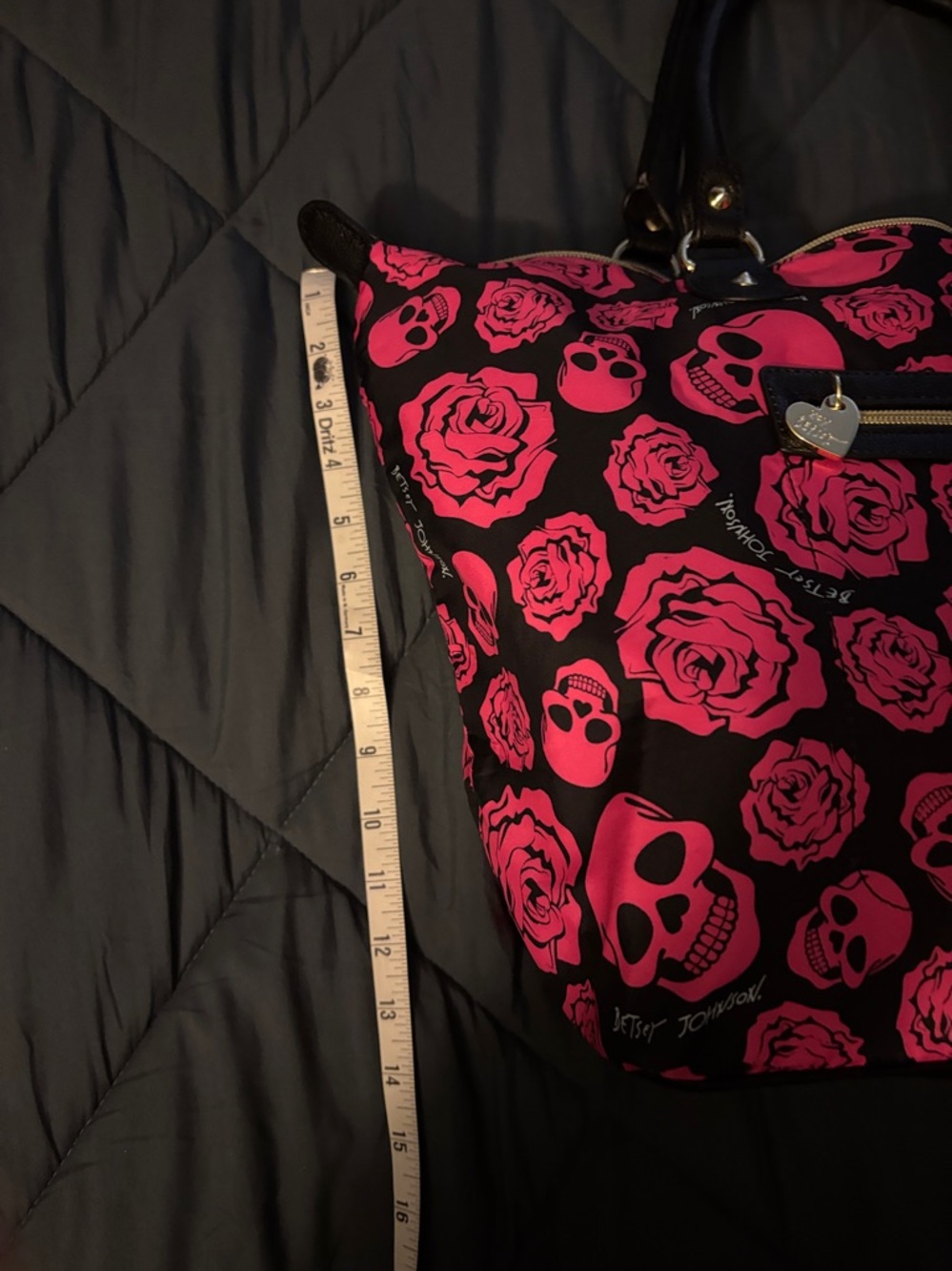 Betsey Johnson Black & Hot Pink Skull and Rose Tote - Picture 5 of 8